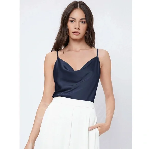 Navy Blue Glamorous Cowl Neck Spaghetti Straps Camisole Top Cami, Draped - Picture 6 of 9